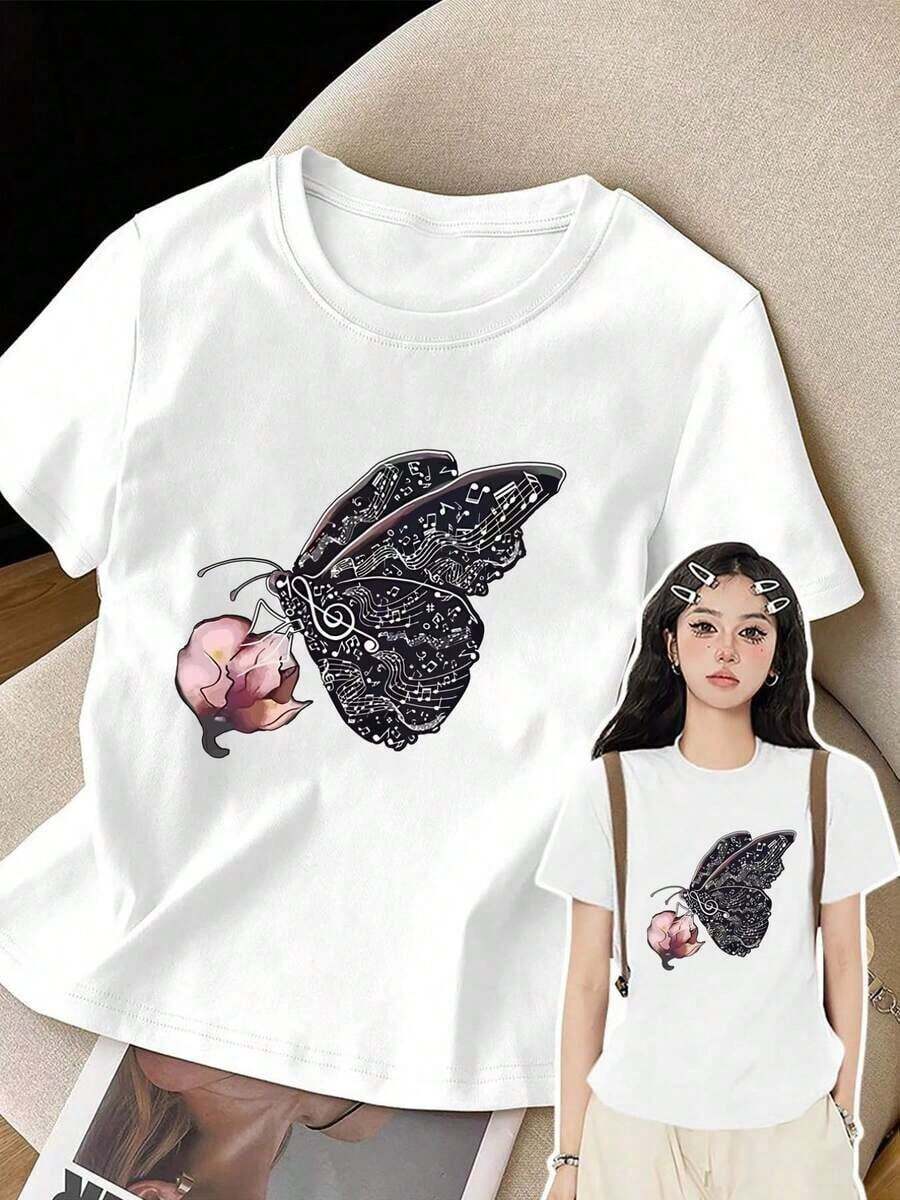 Camiseta de manga corta de talla grande para mujer - Camiseta básica casual de corte holgado, elegantes tops de poliéster, camiseta de manga corta con estampado frontal - Mariposa Musical, Mariposa Musical - Camiseta estampada de primavera/verano para mujer, artículo de moda, versátil y casual, transpirable y cómoda. - Blanco - Ver 1