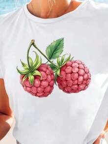 Camiseta Casual de Manga Corta para Mujer, con Estampados de Frutas Navideñas, Camisetas Gráficas, Ropa Estética Estilo Harajuku, 100% Algodón, Duradera - Blanco - Ver 1