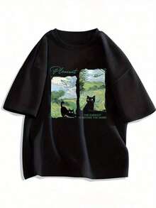 Camiseta Holgada Sencilla Mujer Estilo Moderno Camiseta gráfica de verano Y2K para mujer - Diseño "The Darkest is Before the Dawn" con gato y cielo, corte holgado, cuello redondo, top casual y versátil, ropa informal. |     Estampado Divertido |     Ajuste cómodo, regalos para amantes de los gatos.100% algodón.Camiseta Mujer Estampado Gráfico  Verano 2026 - Negro - Ver 1
