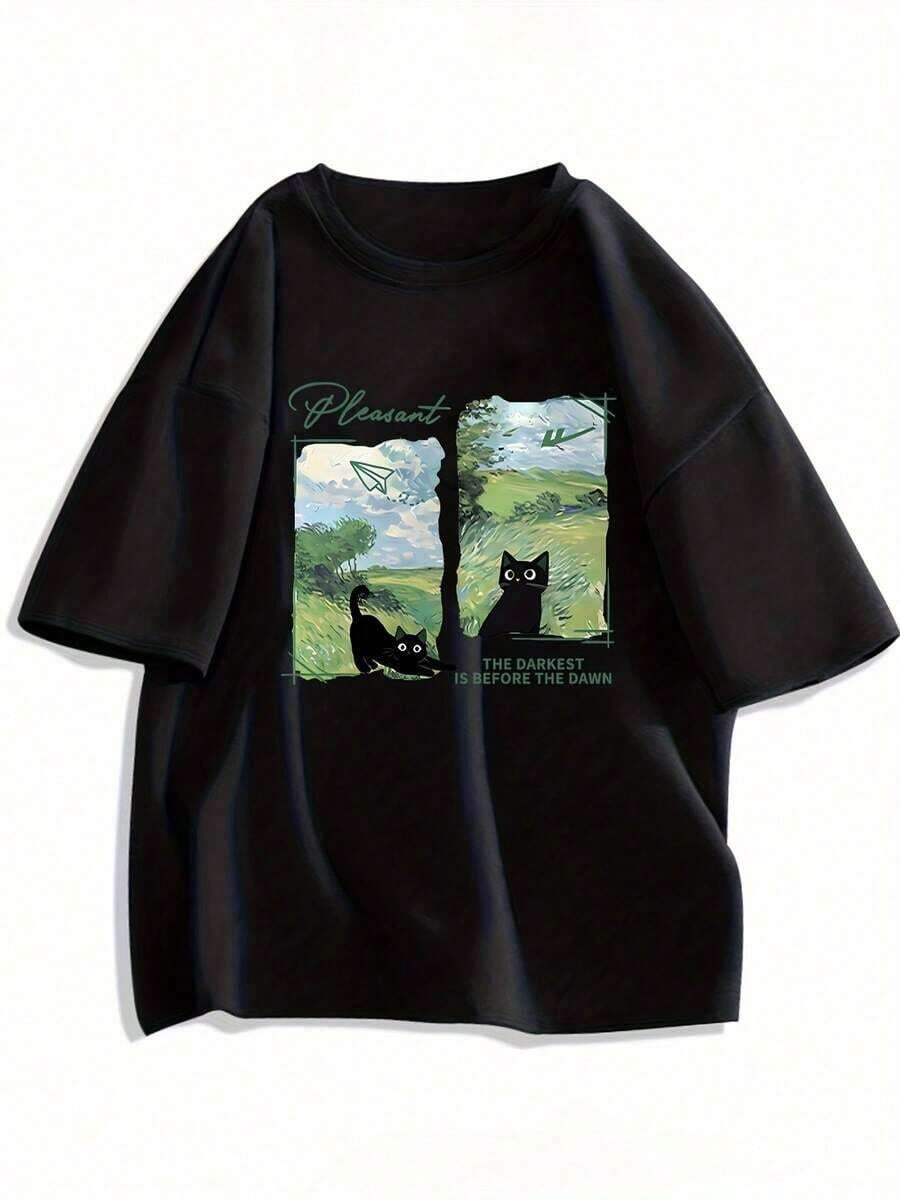 Camiseta Holgada Sencilla Mujer Estilo Moderno Camiseta gráfica de verano Y2K para mujer - Diseño "The Darkest is Before the Dawn" con gato y cielo, corte holgado, cuello redondo, top casual y versátil, ropa informal. | Estampado Divertido | Ajuste cómodo, regalos para amantes de los gatos.100% algodón.Camiseta Mujer Estampado Gráfico Verano 2026 - Negro - Ver 1