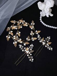 3件組復古金屬葉片珍珠髮藤飾品，新娘與伴娘的完美選擇，亦適用於婚禮與舞會 - 金色 - 查看 10