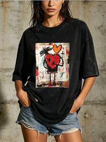 Camiseta de algodón suave de 180 g para mujer, regalo de San Valentín, estilo vintage urbano, unisex, holgada, de manga corta y cuello redondo, para reuniones familiares y actividades de building en la oficina. - Negro - Ver 7