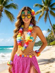 Bộ trang phục váy cỏ Hawaii 6 món, bao gồm kính hình quả dứa + váy cỏ + băng đô hoa nhiều màu sắc, thích hợp cho tiệc bãi biển mùa hè, tiệc Hawaiian Luau, biểu diễn lễ hội, lễ hội hóa trang, sự kiện ngày lễ, trang phục chụp ảnh, bộ trang phục mang phong cách đảo biển. - nhiều màu - Xem 6