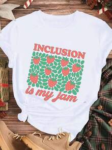 Elegant And Casual Women's Short Sleeve,Inclusion Is My Jam T Shirt Summer Strawberry Print White Casual Wear For Women Spring And Summer - 白色 - 查看 3