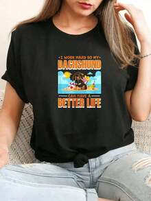 short-sleeveCamiseta Casual de Cuello Redondo para Mujer con Estampado Gráfico de Dachshund, 100% Algodón, Blusas para Mujer Casual100% Cotton - Negro - Ver 3