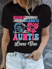Camiseta casual estampada para mujer, cuello redondo, manga corta, tela ligeramente elástica, estilo regular, top cómodo para todas las estaciones, ropa de uso diario para mujer. - Negro - Ver 1