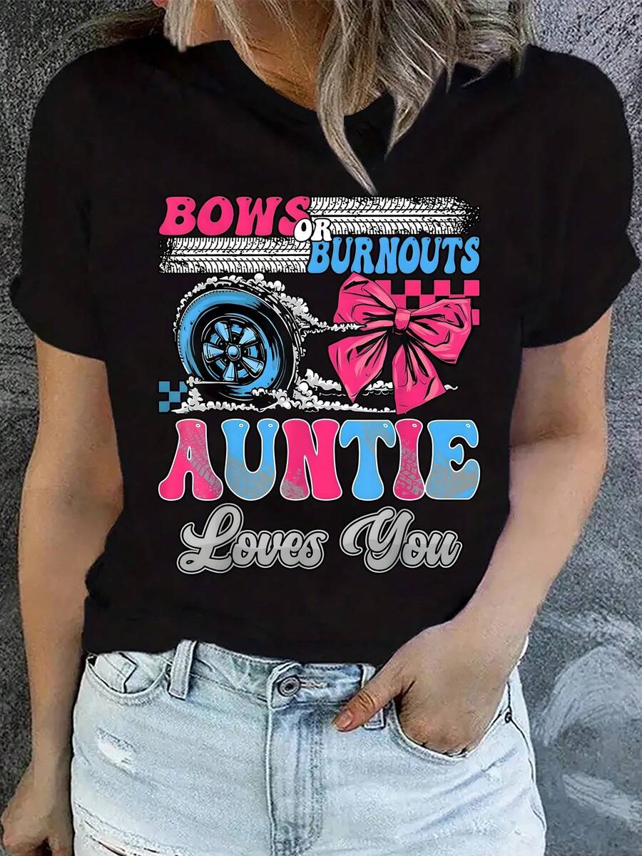 Camiseta casual estampada para mujer, cuello redondo, manga corta, tela ligeramente elástica, estilo regular, top cómodo para todas las estaciones, ropa de uso diario para mujer. - Negro - Ver 1