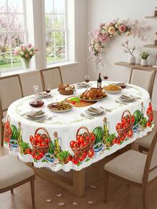 1 Vibrant Tomato And Watermelon Printed Tablecloth, Farmhouse Style Polyester Rectangular Tablecloth With Ripple Edges, Kitchen Dining Room, Wedding Decoration, Outdoor Picnics, Garden Parties, Summer Barbecues, Daily Use, And Home Kitchen Decoration For Harvest Festivals. - Multicolor - View 5