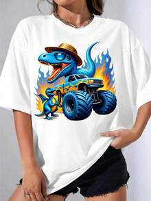 Camiseta Negra y Blanca para Mujer, Cuello Redondo, con Estampado de Dinosaurio Blanco, Camión Monstruo con Llamas y Gorra, Ropa Casual para Hombres y Mujeres, Atuendo de Moda Urbana, para Fiestas al Aire Libre, Camiseta Estampada Casual de 180g - Blanco - Ver 7