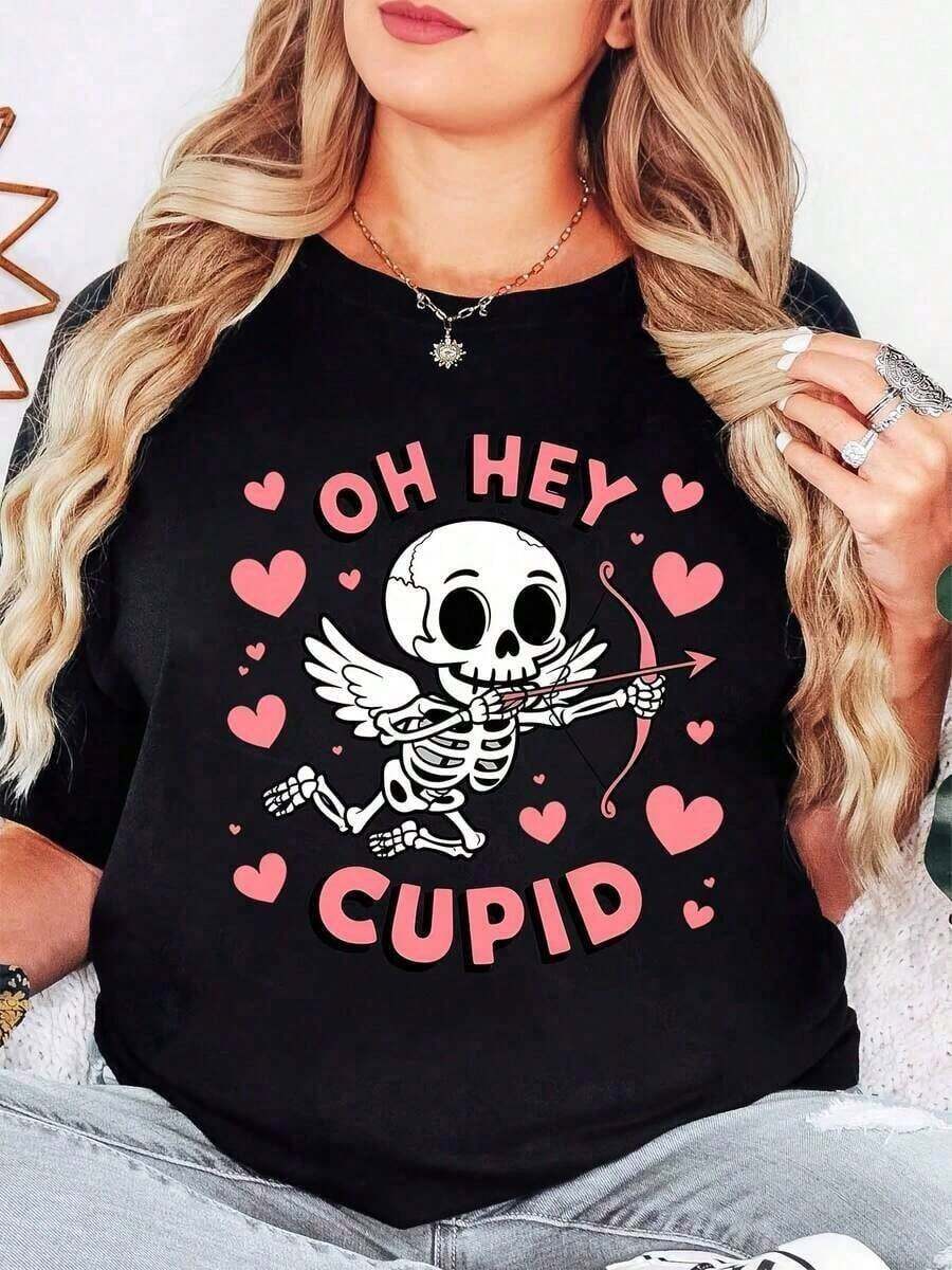 Loose 1 Piece Casual T-Shirt For Women Valentine's Day Cupid Skeleton With Arrow And Hearts Cute Romantic Print For Valentine's Day, Date Night Or Holiday Outings G 100% Soft Cotton Basic Crew Neck Cotton T-Shirt For Women - 黑色 - 查看 1