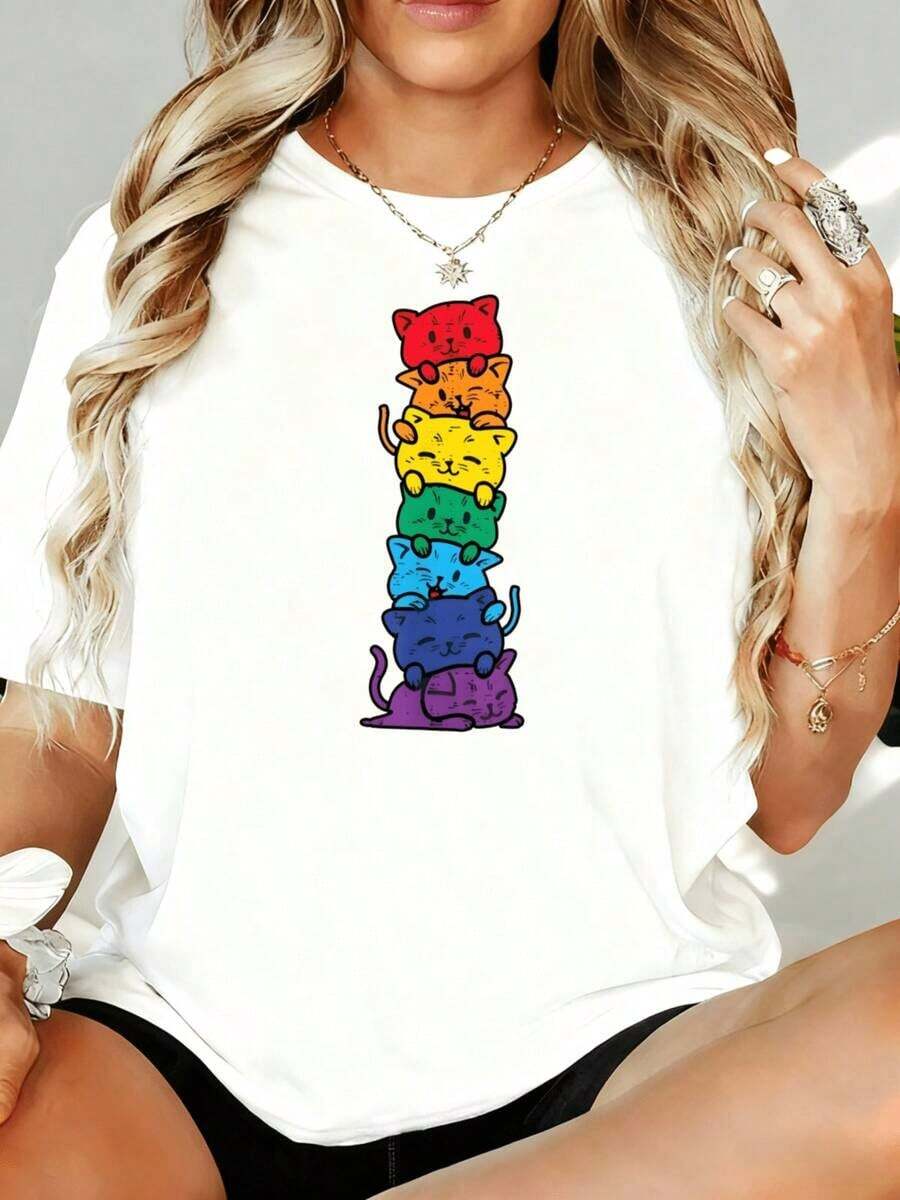 Women's Rainbow Cats Stack Graphic T-Shirt, Cute Animal Print, Loose Fit, Casual Summer Top, Fashion, 180g, For Leisure, Home, Outdoor, Valentine's Day Party Gift - 白色 - 查看 1