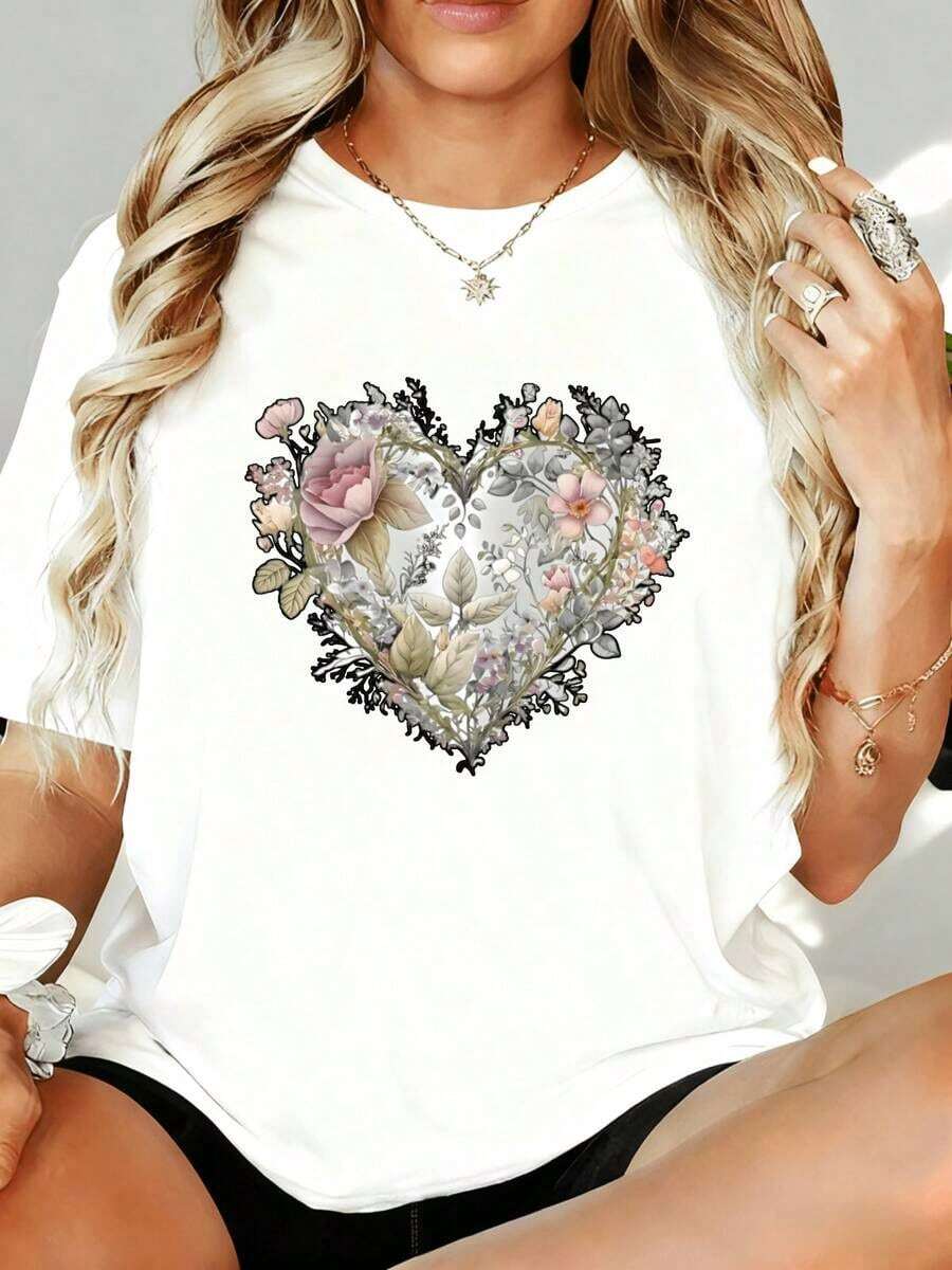 Camiseta Holgada con Estampado de Corazones Florales para Mujer, Manga Corta, Estilo Boho, Moda de Verano, Blanca 180g, para Ocio en Casa, Aire Libre, Regalo para Fiesta de San Valentín - Blanco - Ver 1
