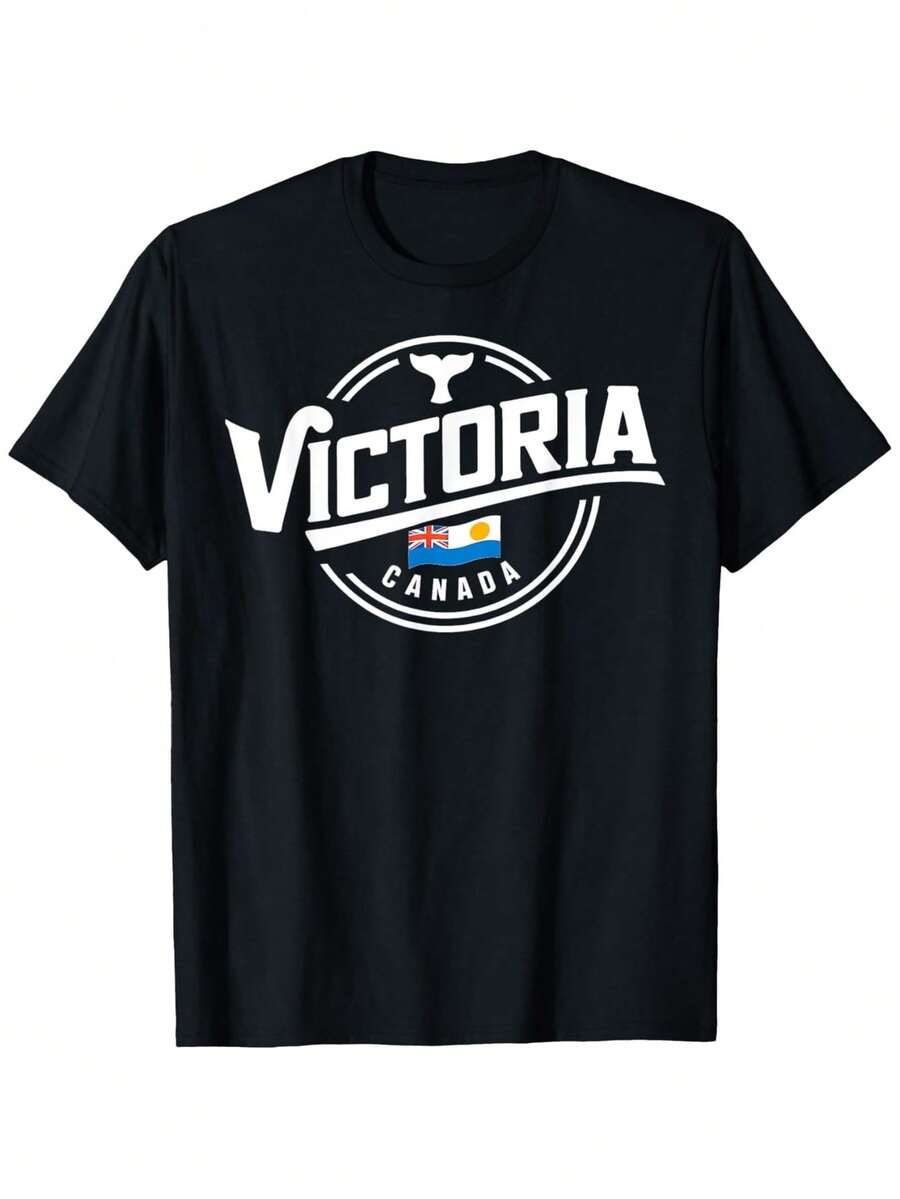 Camiseta Unisex de Diseño Simple con el Orgullo de la Ciudad de Victoria, Canadá - 100% algodón con estampado de la insignia de las banderas británica y canadiense, símbolo icónico del espíritu, disponible en varias tallas, corte casual, un regalo universal para los fans de Victoria, BC. Elegante y práctica para el verano. - Negro - Ver 1