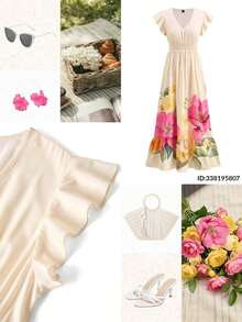 Vestido largo elegante de mujer con cintura fruncida y volantes, vestido de verano para vacaciones, vestido para citas - Multicolor 5 - Ver 5