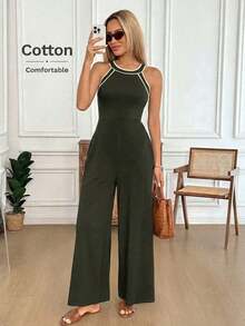 Mono de pierna ancha con contraste en el escote y la cintura, de tela de algodón cómoda, uso casual, relajado y elegante para la oficina/vacaciones para mujeres, primavera/verano - Gris - Ver 7