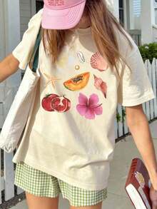 Camiseta de mujer de verano de ajuste holgado con cuello redondo y manga corta, con estampado de eslogan simple, estilo casual de vacaciones. Blusa de moda apta para uso diario y de vacaciones.,Playera Gráfica Oversized Mujer Verano Casual - Albaricoque - Ver 5
