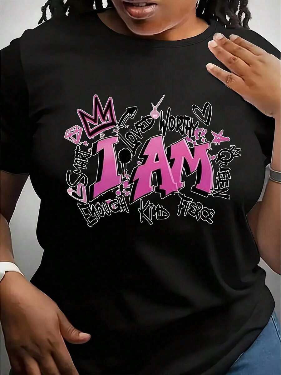 Camiseta de Talla Grande para Mujer con Estampado Gráfico Inspirador - Manga Corta, Cuello Redondo, Estilo Casual con Frases de Autoafirmación, Estrellas y Corazones - Camiseta Ligera para Verano y Primavera en Blanco con Detalles en Rosa y Negro - Negro - Ver 1