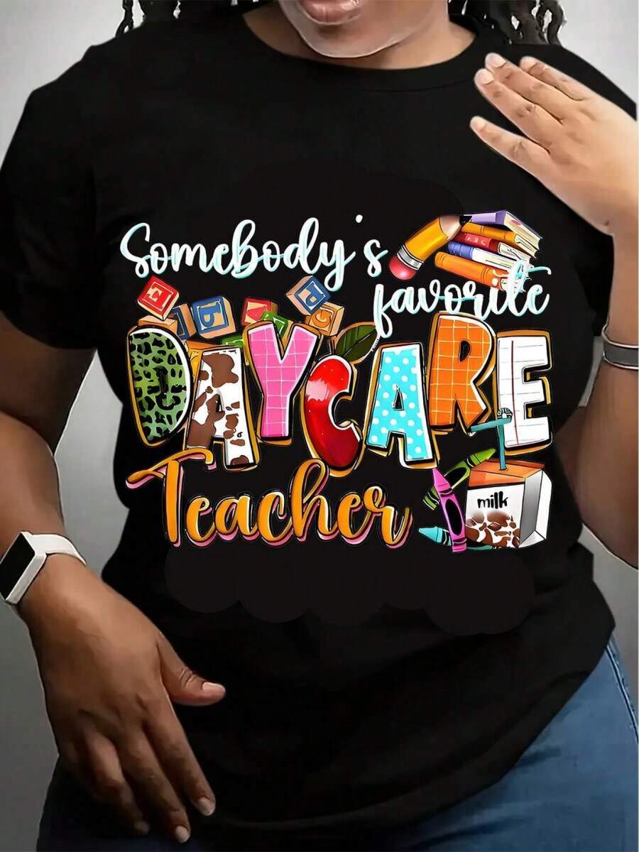 Exclusive T-Shirt With Cartoon Stationery Print For Early Childhood Education Teachers, Loose Fit, Slimming Effect, Casual Short Sleeve For Everyday Wear - 黑色 - 查看 1