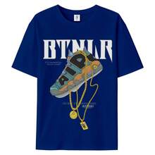 Fashionable Graphic T-Shirt With Large Gold Chain Print, Unisex, Short Sleeve And Round Neck For Men, Urban Style, For Summer And Spring, Casual, Clothing, Youthful Vitality, Quality Graphic T-Shirts, Breathable, Classic. - 藍色 - 查看 4