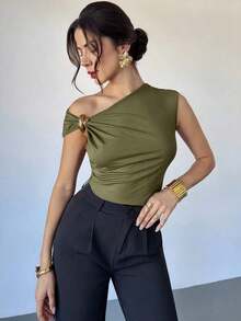 Asymmetrical Off-The-Shoulder Top With Metallic Embellishments, Stylish And Casual, Suitable For Going Out, Parties, And Other Occasions/Autumn For Women/Halloween Costume For Women/Red Christmas T-Shirt/New Year's Top/Elegant Top For Women - 軍綠色 - 查看 4