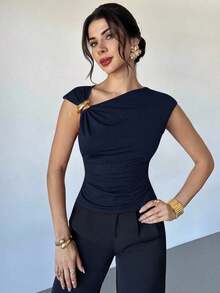 Asymmetrical Off-The-Shoulder Top With Metallic Embellishments, Stylish And Casual, Suitable For Going Out, Parties, And Other Occasions/Autumn For Women/Halloween Costume For Women/Red Christmas T-Shirt/New Year's Top/Elegant Top For Women - 海軍藍 - 查看 5