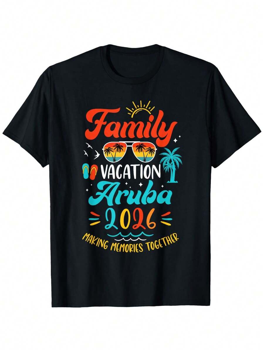 Matching Outfits For Family Vacation In Aruba 2026, Short-Sleeved Round Neck Summer T-Shirt, Casual Christmas Party Wear, Casual Round Neck T-Shirt - Perfect For Vacation. - 黑色 - 查看 1