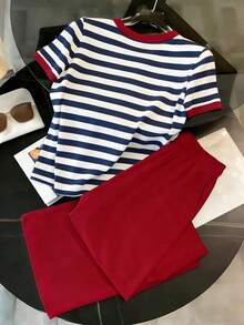 Conjunto casual de 2 piezas para mujer con cuello redondo, manga corta, estampado de langosta a rayas, para verano - Blanco y Negro - Ver 2