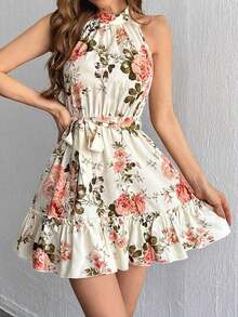 Vestido Sin Mangas Para Mujer Con Cuello Halter Y Con Estampado Floral En Línea A Y Dobladillo Con Volantes - Multicolor - Ver 3