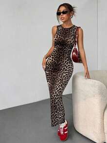 Vestido ajustado sin mangas con estampado de leopardo para mujer - Negro - Ver 3