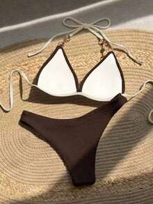Bañador bikini triángulo halter con diseño de perla - Marrón - Ver 2