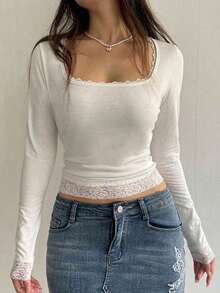 Blusa de mangas largas con cuello cuadrado, ajuste delgado y encaje de contraste primaveral - Blanco - Ver 3