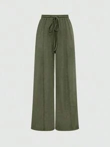 Set de 2 piezas: Top con bajo asimétrico y pantalones de unicolor - Verde militar - Ver 6