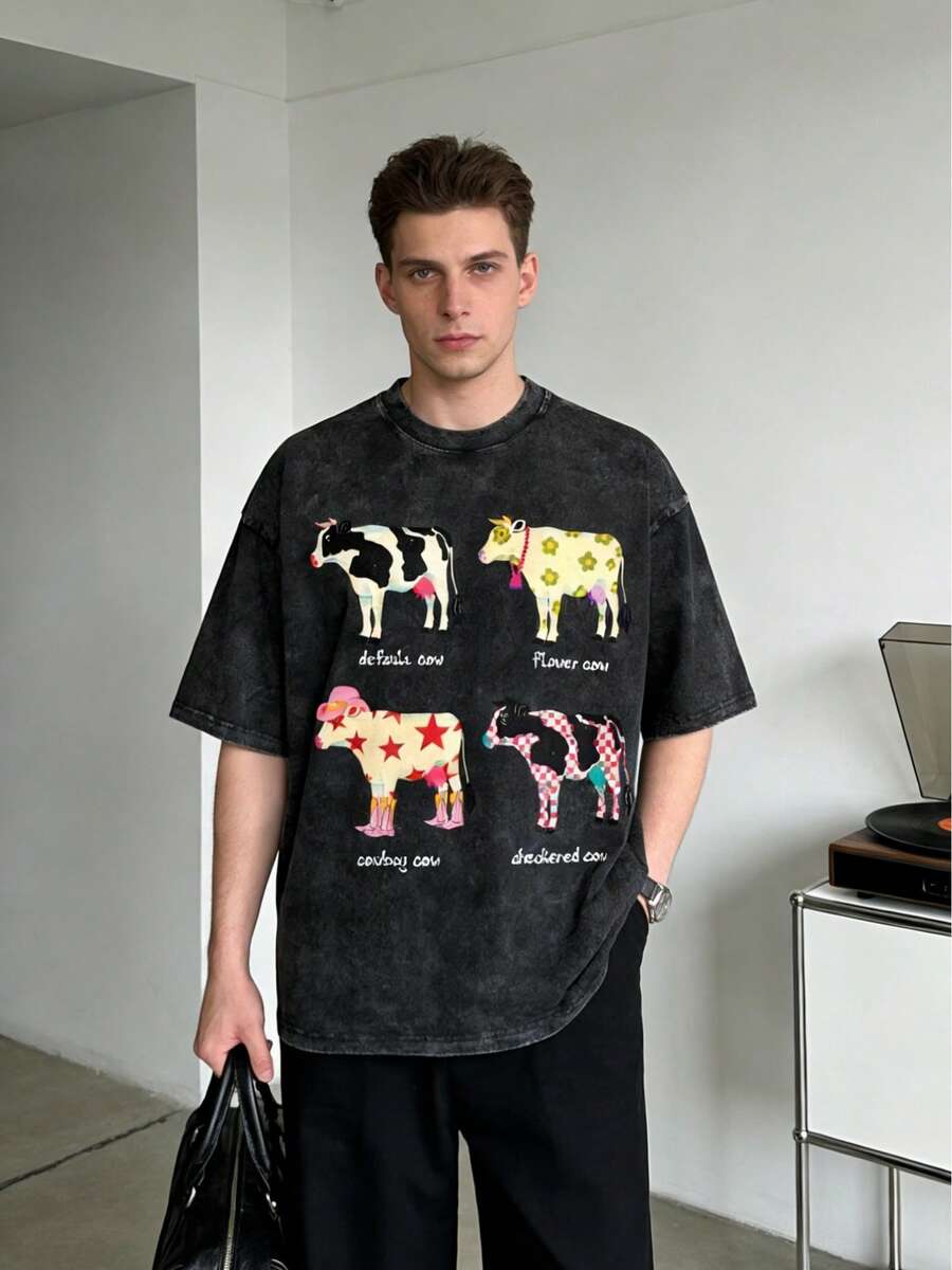Camiseta de cuello redondo con estampado de vaca de dibujos animados, a la moda y bonita, de puro algodón, cuello redondo tipo lavado elegante, estilo unisex, nueva , manga corta casual de alta calidad, 6 tallas disponibles, Y2K - Negro - Ver 1