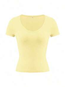 Camiseta ajustada de manga corta con cuello en V de unicolor para mujer, estilo Y2K sexy, adecuada para uso diario casual, blanco verano - Amarillo - Ver 3