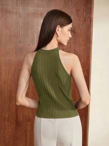 Camiseta de tirantes ajustada de cuello redondo básica para mujer, adecuada para el transporte urbano, la oficina, el estilo casual de negocios, las fiestas y otras ocasiones - Verde militar - Ver 2