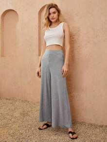 Pantalones casuales de mujer de cintura alta, sueltos, de unicolor y de pierna ancha - Gris Claro - Ver 4