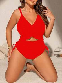 Traje de baño de una pieza para mujer de talla grande, de tela especial, escote en V profundo, tirantes ajustables, almohadillas extraíbles, volantes en el bajo, cintura con cordón, elegante y sexy, traje de baño casual para resort y playa - Rojo - Ver 5