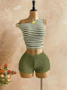 Nuevo conjunto casual de 2 piezas para mujer con hombro asimétrico, textura esponjosa, estampado floral y espalda descubierta, ideal para vacaciones, boda, graduación, Día de San Patricio, primavera, festival de música, elegante estilo boho tropical - Verde - Ver 3