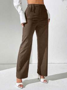 PETITE Pantalones rectos de uso casual diario de unicolor para damas - Marrón - Ver 5