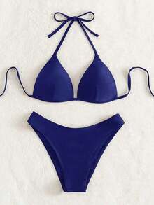 Conjunto de bikini liso, sujetador push up y parte inferior de bikini, traje de baño de 2 piezas - Azul marino - Ver 6