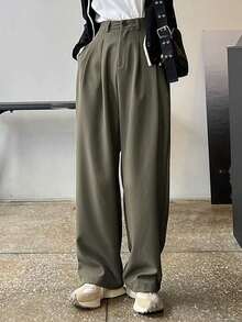 Pantalones de pierna ancha con detalle de plisado de cintura alta, pantalones de vestir para mujer, ropa de vuelta al colegio para otoño - Negro - Ver 10