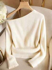 Camiseta de mujer de un solo hombro, con decoración metálica, puños divididos y de unicolor acanalado, con un diseño elegante y versátil, perfecta para el verano, top elegante de mujer, top casual de mujer, ropa de playa, vacaciones de verano, ro - Albaricoque - Ver 2