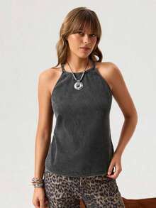 Top sin mangas de verano casual con estampado de rayas y cuello halter para mujer - Negro - Ver 4