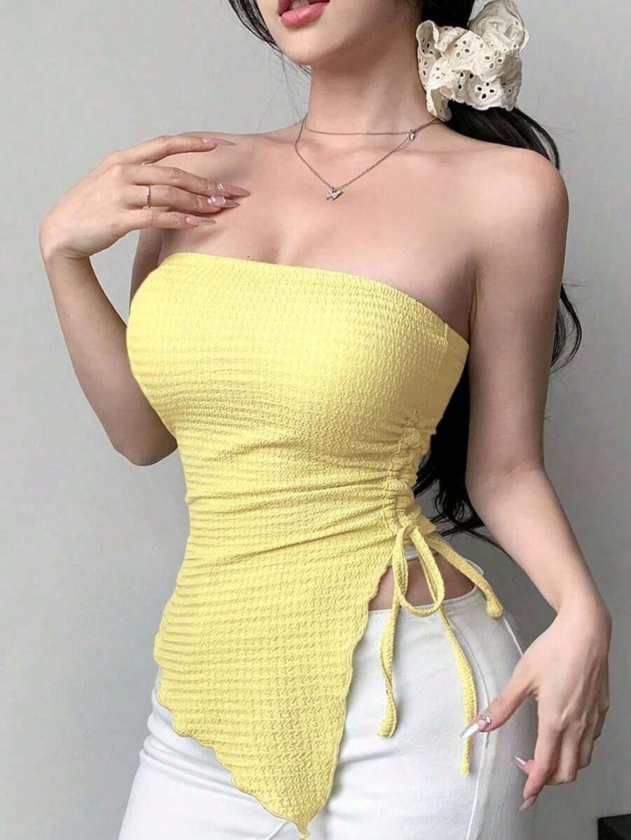Blusa asimétrica con volantes de unicolor y textura para vacaciones, top tubo para salir en verano - Amarillo - Ver 1