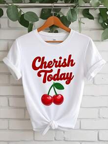 Camiseta de manga corta para mujer, de color blanco, estampada con las palabras "Cherish Today". Esta camiseta casual de cuello redondo está hecha de un tejido elástico y suave, es lavable a máquina y es adecuada para todas las estaciones. Es una prenda de vestir a la moda. Tops de verano para mujer - Blanco - Ver 7