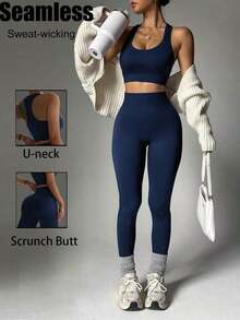 Conjunto de ropa deportiva de top de tirantes de cuello de pico y pantalones ajustados de cintura alta para mujer - Azul marino - Ver 7