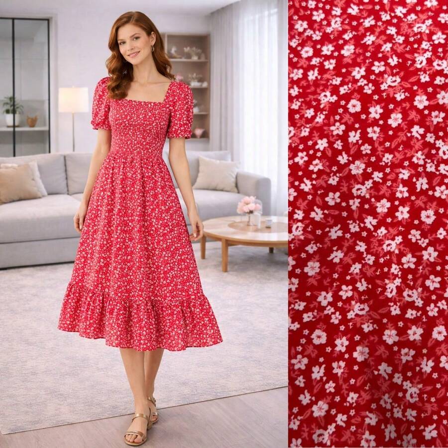 Women's Midi Dress With Princess Sleeves And Floral Print - Evangelical Fashion - 櫻桃紅 - 查看 1