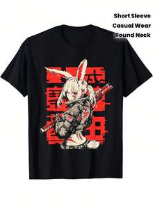 Camiseta con estampado gráfico, manga corta y cuello redondo, top casual para verano y primavera, ropa de mujer - Negro - Ver 1