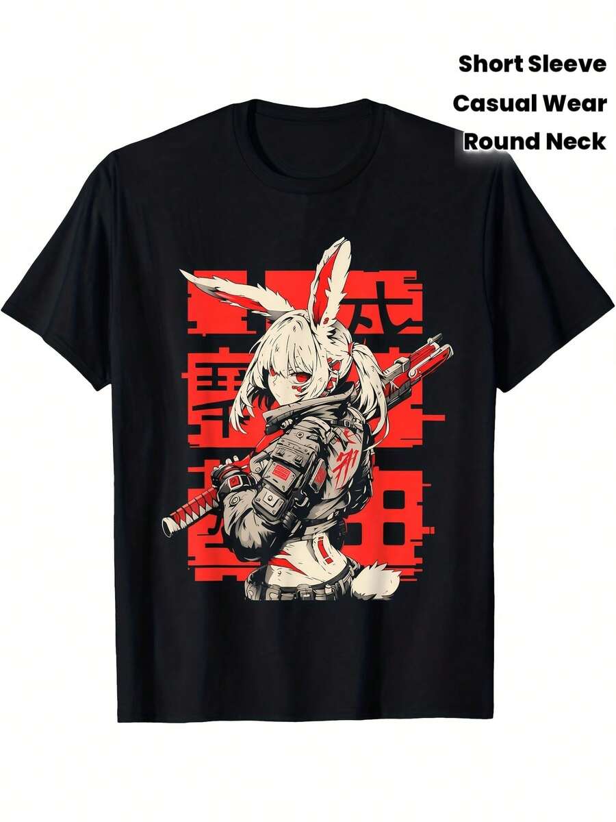 Camiseta con estampado gráfico, manga corta y cuello redondo, top casual para verano y primavera, ropa de mujer - Negro - Ver 1