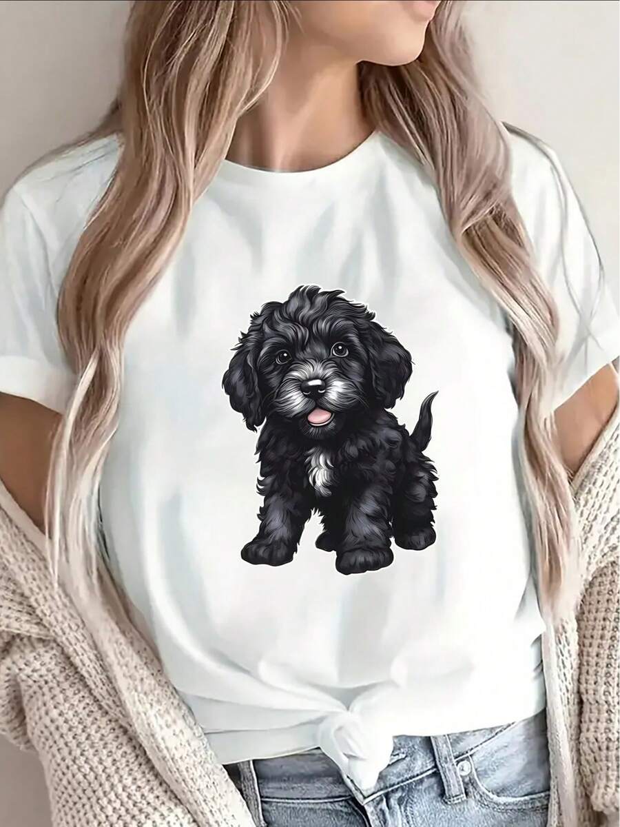 Short-Sleeved Polyester T-Shirt With A Cute Puppy Print, Lightweight And Durable For Casual Wear At Home Or Outdoors, Ideal For Dog Lovers In The Kitchen, Living Room, Or Park. - [白色的] - 查看 1